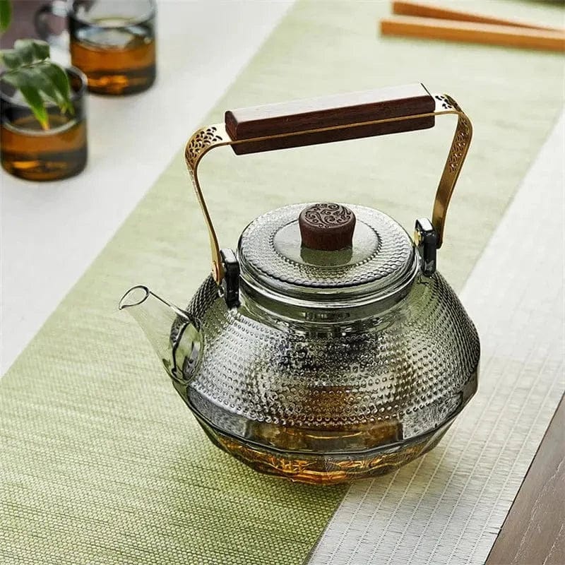 1L Glass Teapot with Dots and Wooden Handle
