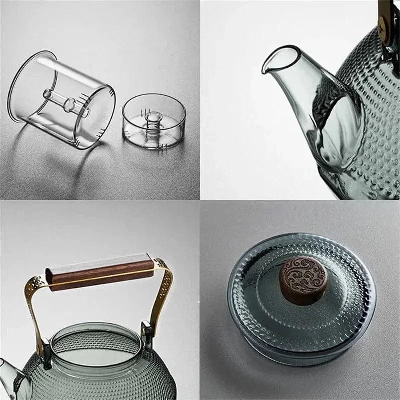 1L Glass Teapot with Dots and Wooden Handle