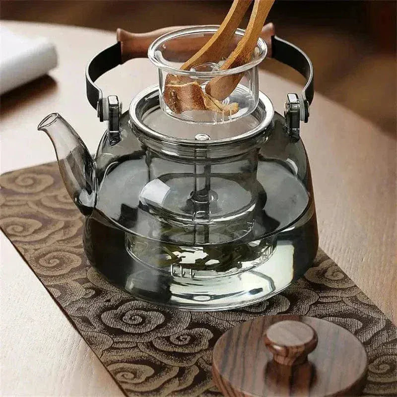 900 ml Transparent Gray Teapot Made of Glass and Wood
