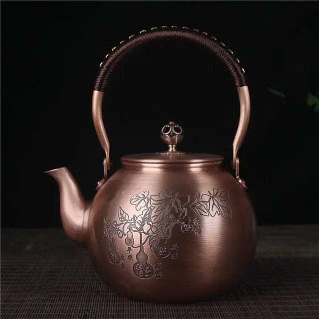 Chinese Round Copper Teapot Leaves 1.5L