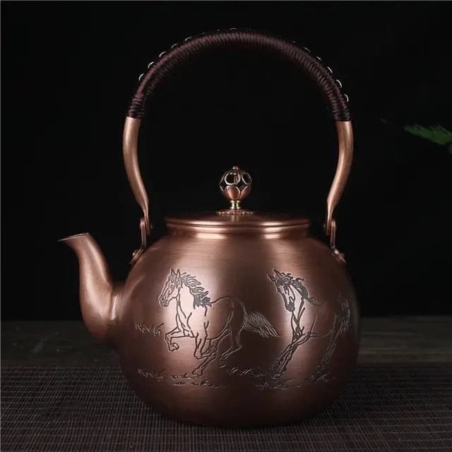 Chinese Round Copper Teapot with Horse Motif 1.5L