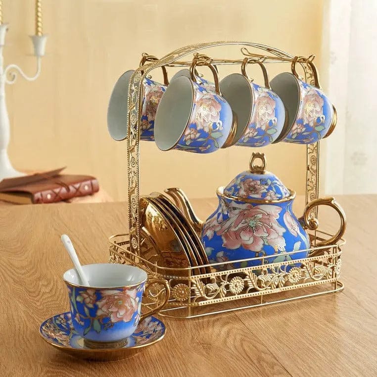 English Blue and Gold Porcelain Tea Set