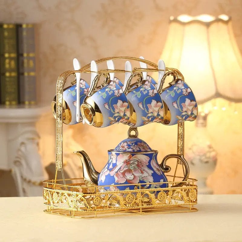 English Blue and Gold Porcelain Tea Set
