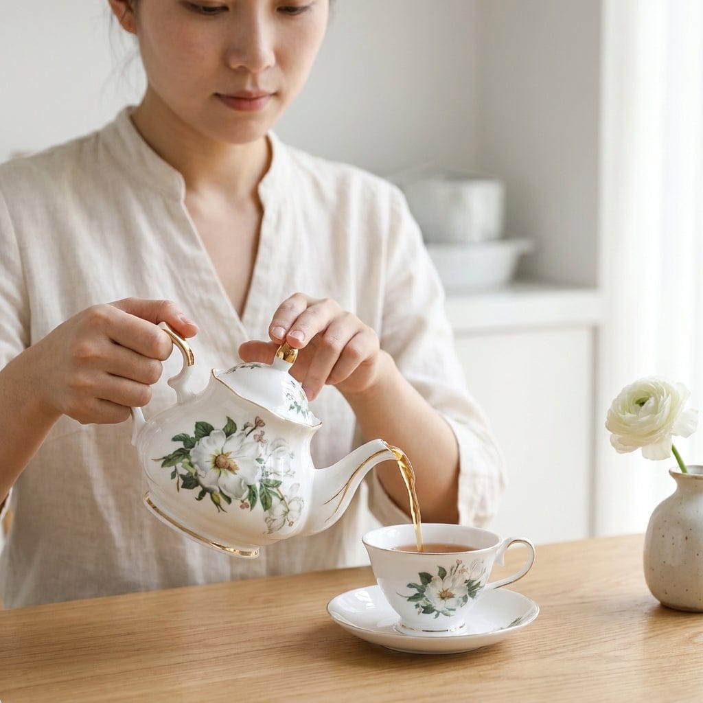 English Porcelain Tea Set with White Flowers – Teapot 500 ml and 4 Cups