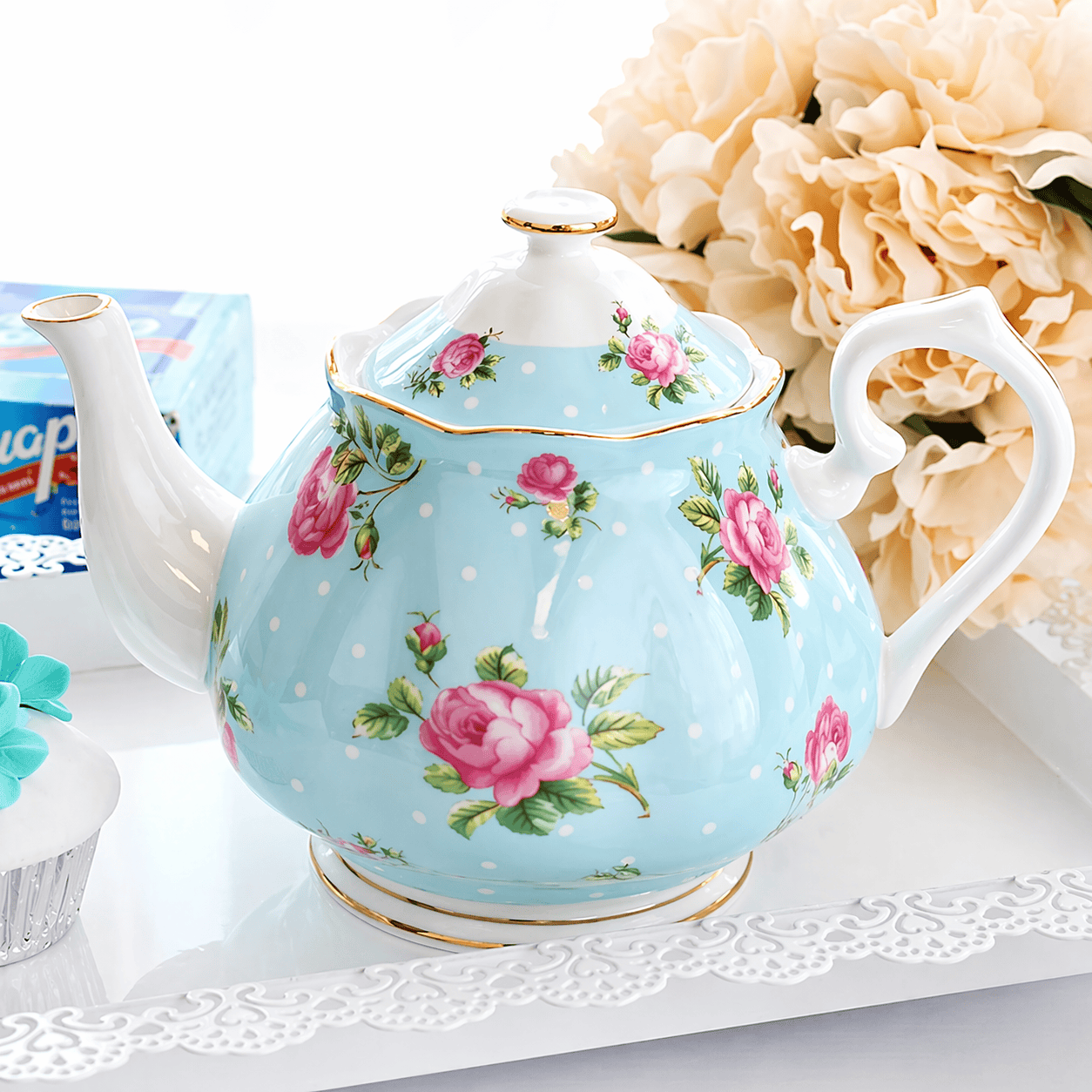 English Porcelain Teapot 1L with Blue Dots and Gold Rim