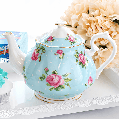 English Porcelain Teapot 1L with Blue Dots and Gold Rim