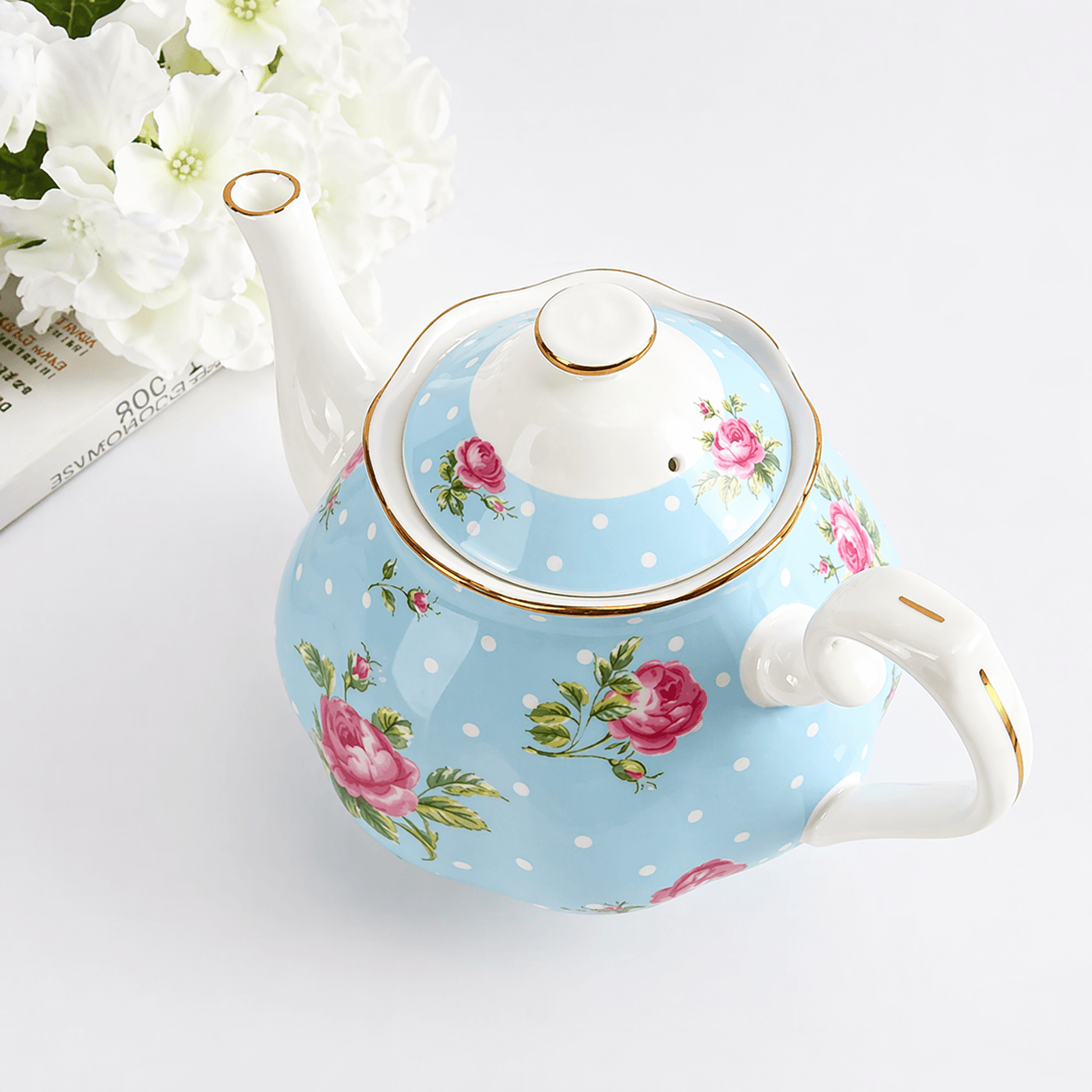 English Porcelain Teapot 1L with Blue Dots and Gold Rim