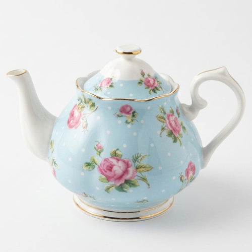 English Porcelain Teapot 1L with Blue Dots and Gold Rim