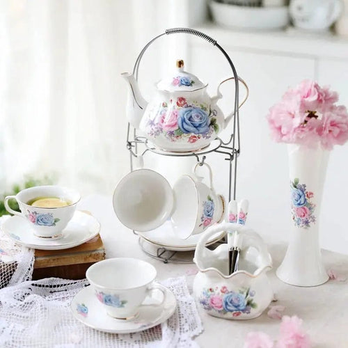 English White, Pink, and Blue Porcelain Tea Set