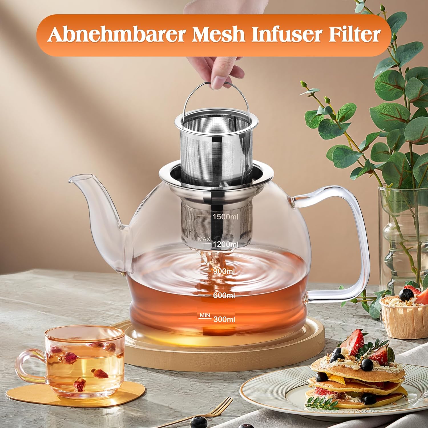Glass Teapot 1.5L with Infuser and Filter – Heat-Resistant Teapot for Loose Tea