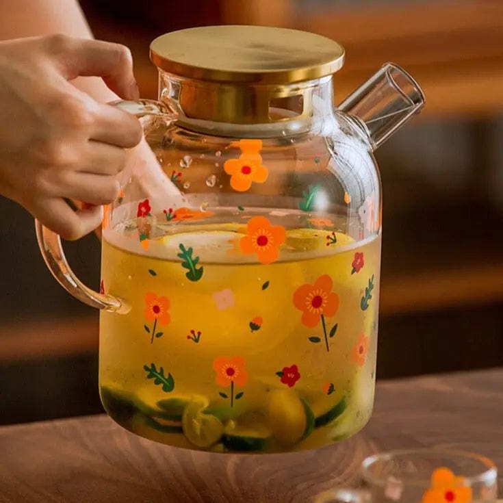 Glass Teapot with Gold Lid and Floral Pattern 1L - 1.7L
