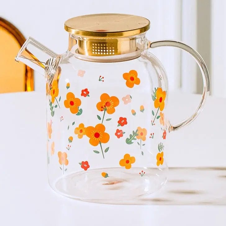 Glass Teapot with Gold Lid and Floral Pattern 1L - 1.7L