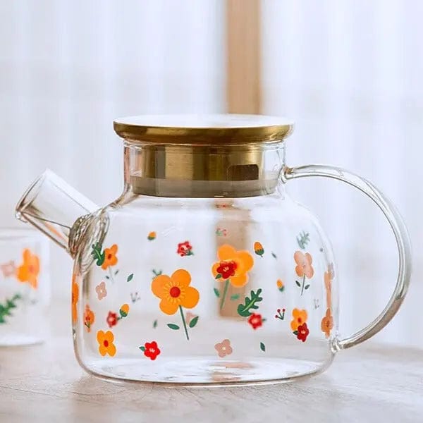 Glass Teapot with Gold Lid and Floral Pattern 1L - 1.7L