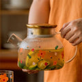Glass Teapot with Gold Lid and Floral Pattern 1L - 1.7L