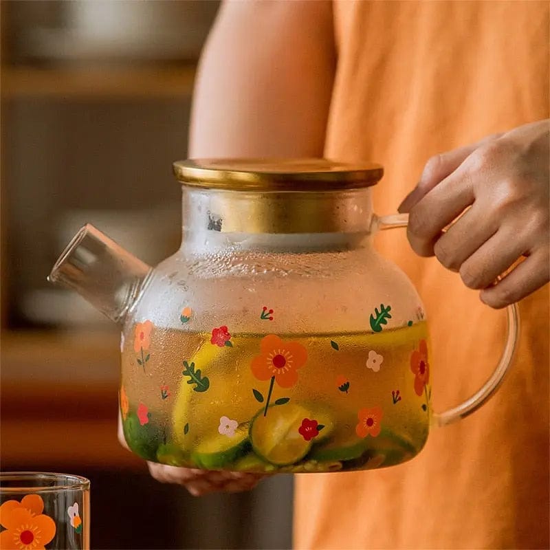 Glass Teapot with Gold Lid and Floral Pattern 1L - 1.7L