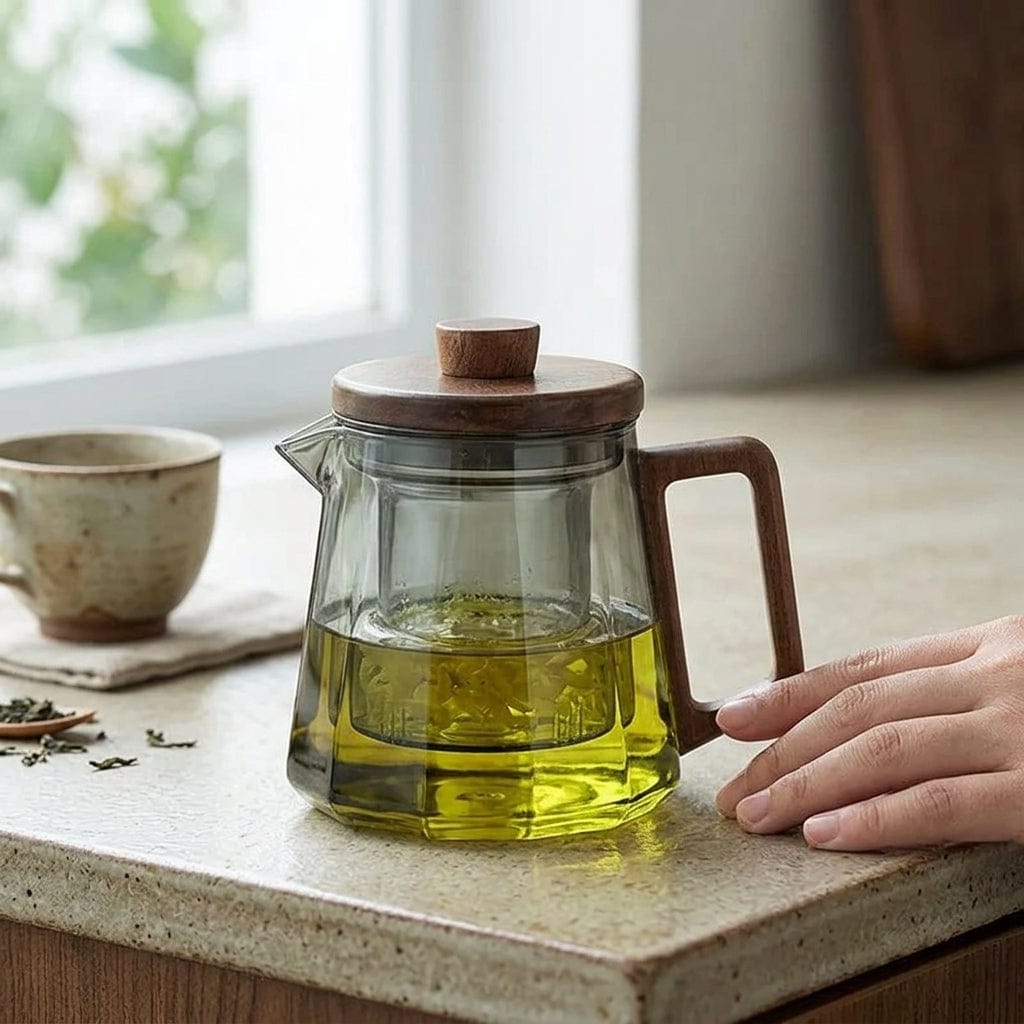Glass Teapot with Infuser and Walnut Handle – Scandinavian Design 500ml / 700ml