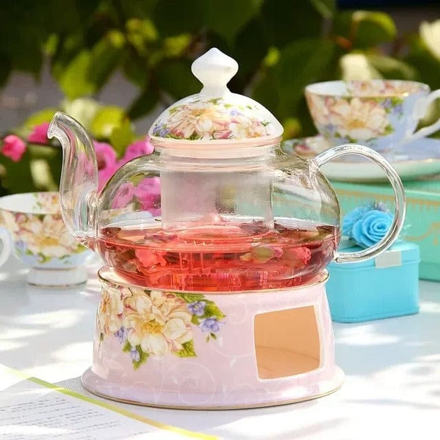 Glass Teapot with Warmer 600 ml and Pink Flowers – Romantic Teapot Set