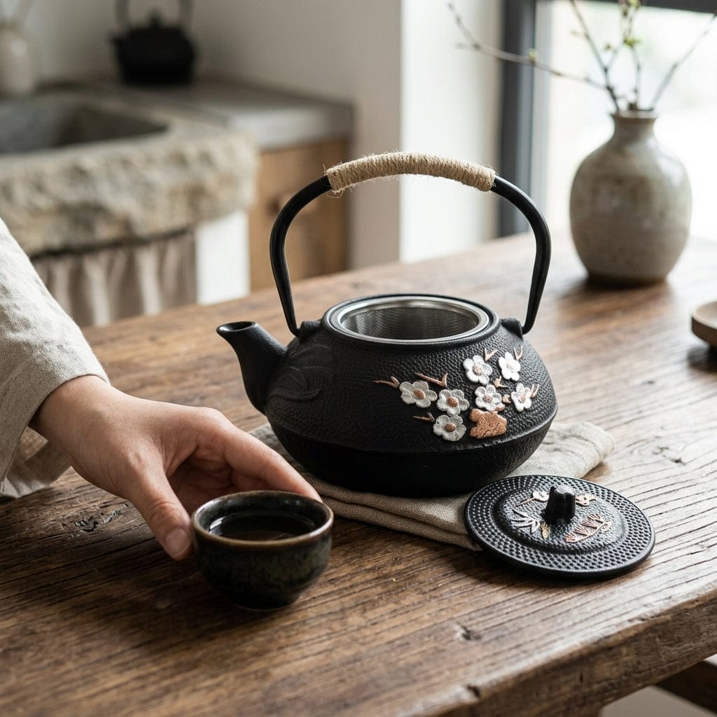 Japanese Cast Iron Teapot 800 ml with White Cherry Blossoms