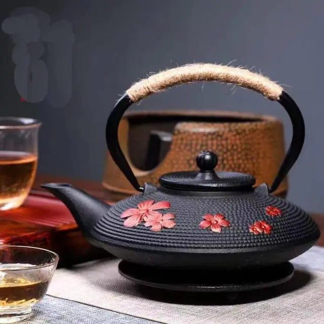Japanese Cast Iron Teapot with Red Flowers, 800 ml