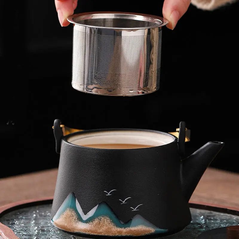 Japanese Ceramic Tea Set with Mountain Motifs – 360 ml Teapot and 4 Cups