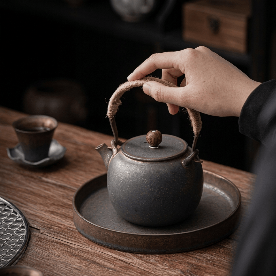 Japanese Ceramic Teapot 475 ml with Vintage Design and Rope Handle