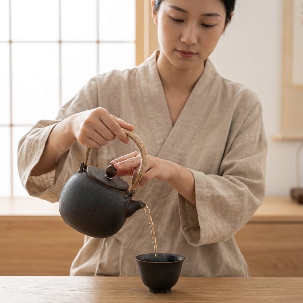 Japanese Ceramic Teapot 475 ml with Vintage Design and Rope Handle