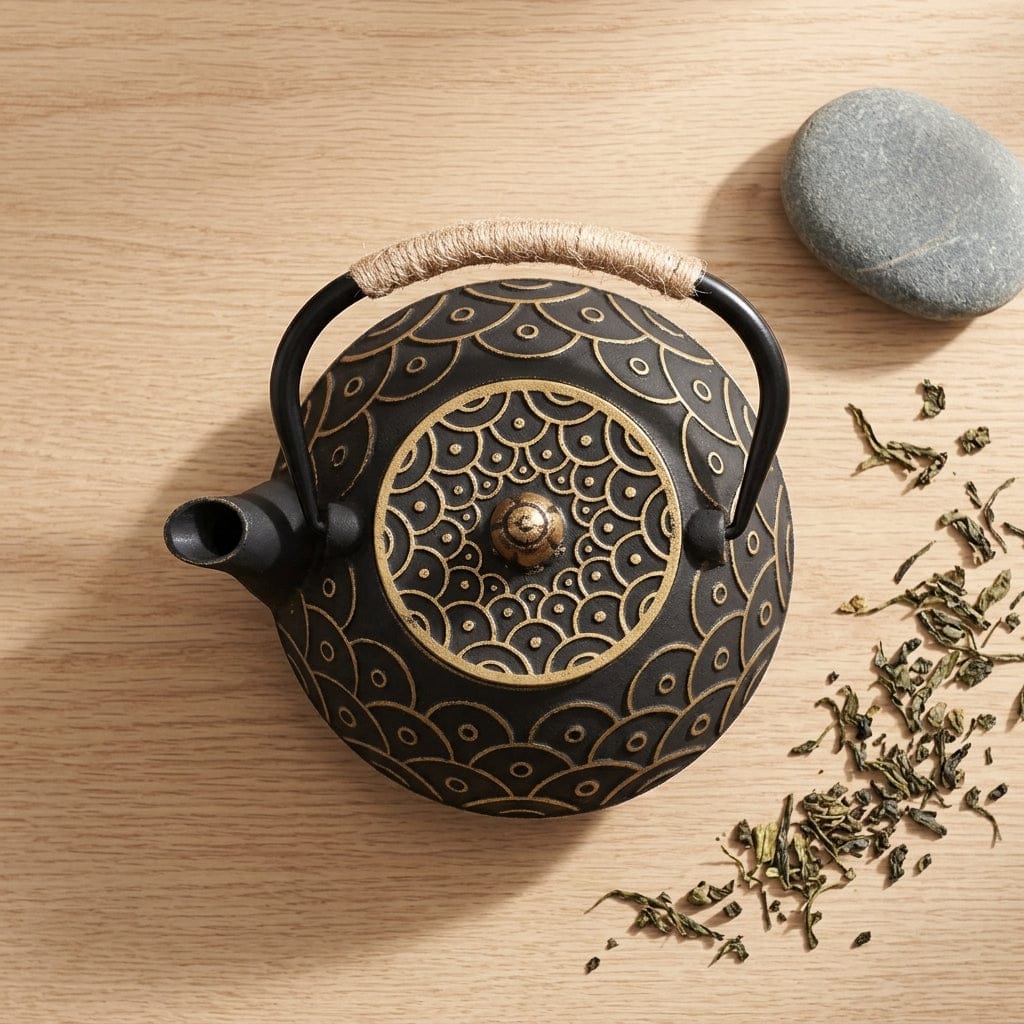Japanese Flat Cast Iron Teapot 900 ml with Circle Pattern