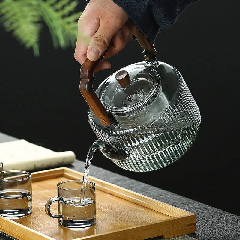 Japanese Glass Teapot with Square Wooden Handle 1.2L