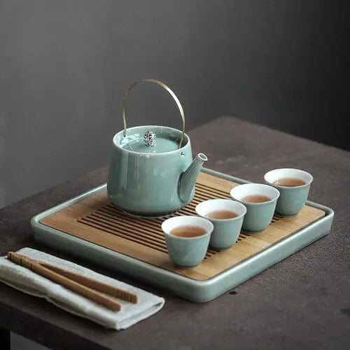 Luxury Japanese Ceramic Tea Set with Wooden Tray – Teapot 350 ml and 6 or 8 Cups