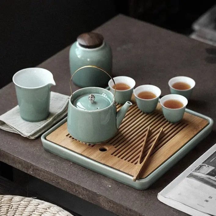 Luxury Japanese Ceramic Tea Set with Wooden Tray – Teapot 350 ml and 6 or 8 Cups