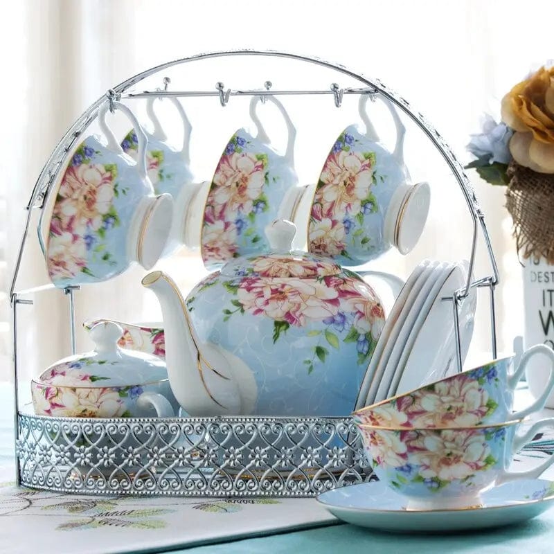 Original English Porcelain Tea Set with Carrying Rack – Teapot 1.4L and 6 Cups
