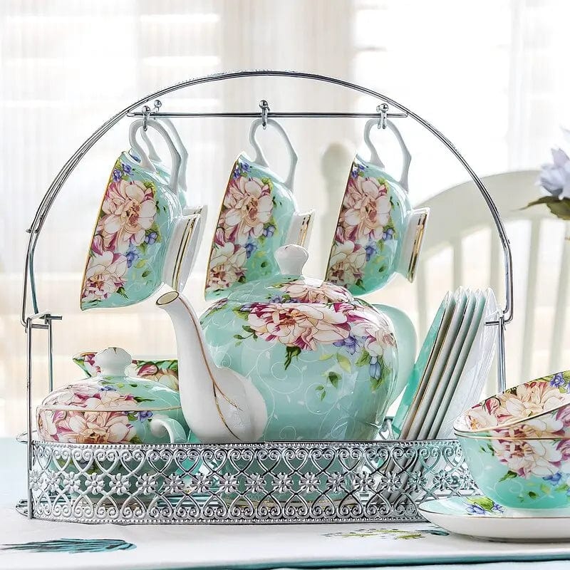 Original English Porcelain Tea Set with Carrying Rack – Teapot 1.4L and 6 Cups