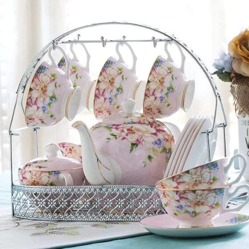 Original English Porcelain Tea Set with Carrying Rack – Teapot 1.4L and 6 Cups