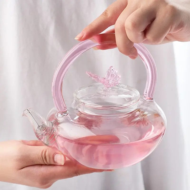 Pink Glass Teapot with Butterfly 700ml