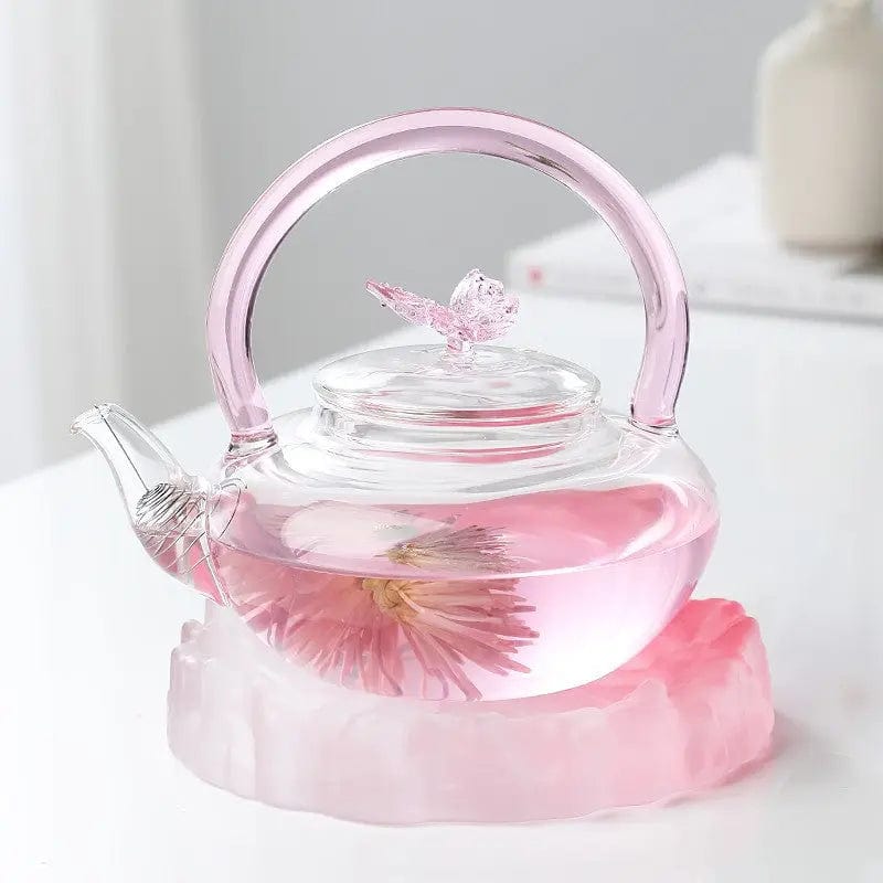 Pink Glass Teapot with Butterfly 700ml