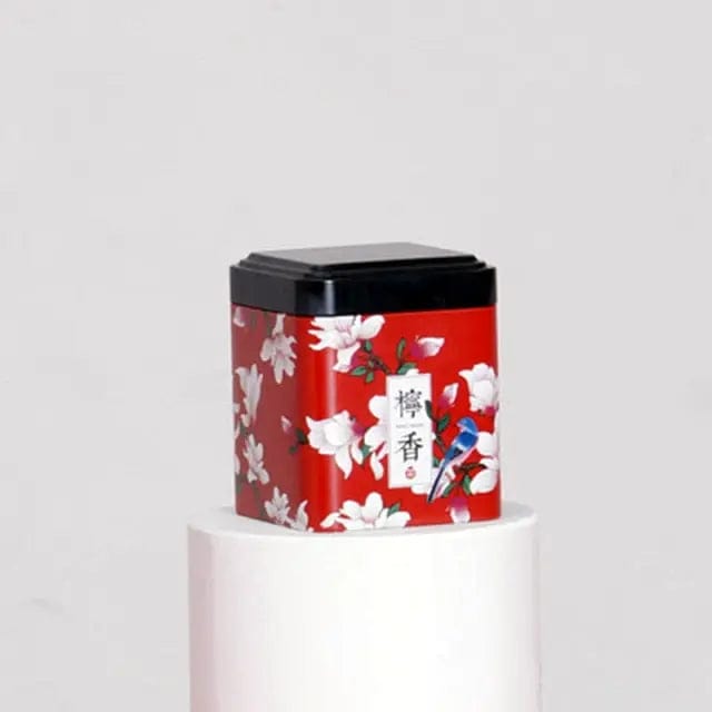 Red Metal Tea Box with White Flowers