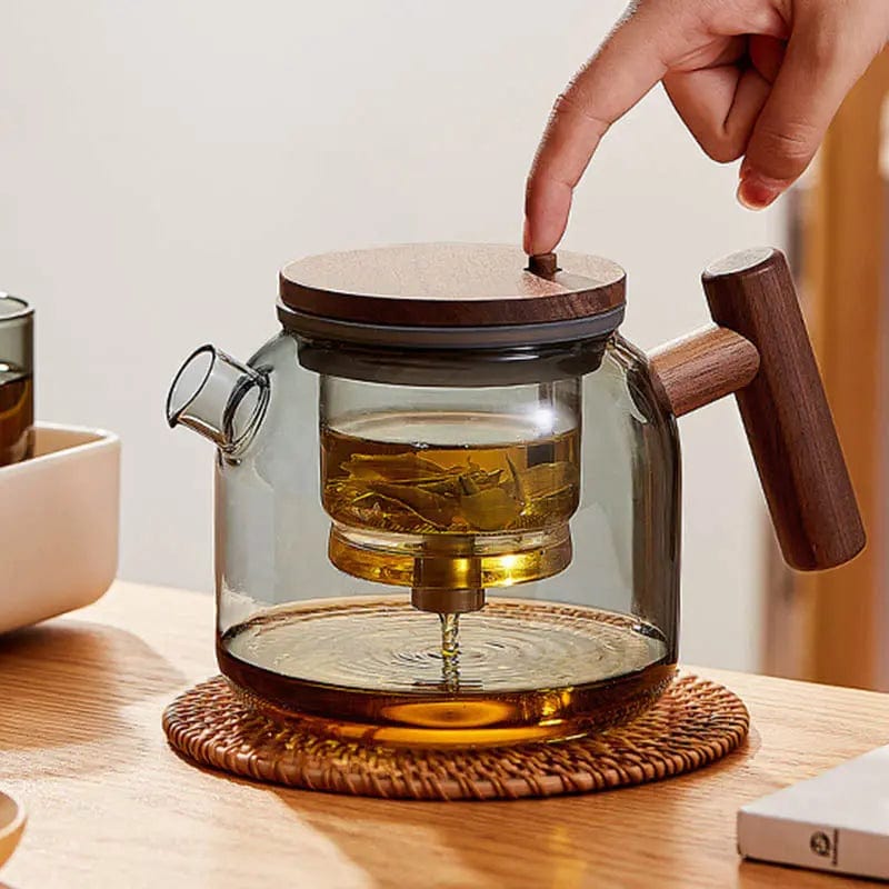 Round Glass and Wood Teapot with Infuser Button 700 ml