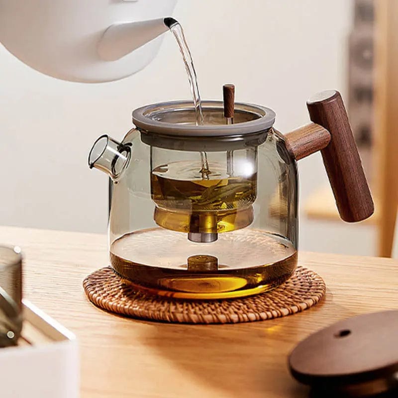 Round Glass and Wood Teapot with Infuser Button 700 ml
