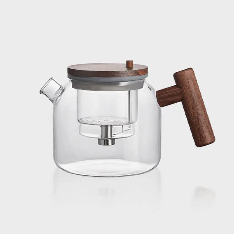 Round Glass and Wood Teapot with Infuser Button 700 ml