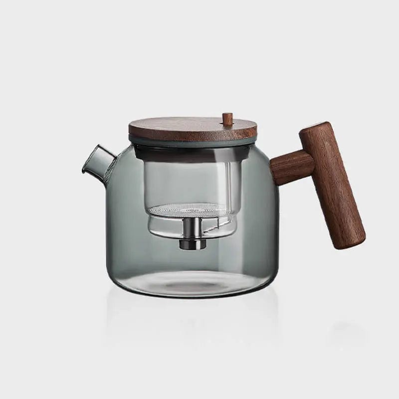 Round Glass and Wood Teapot with Infuser Button 700 ml