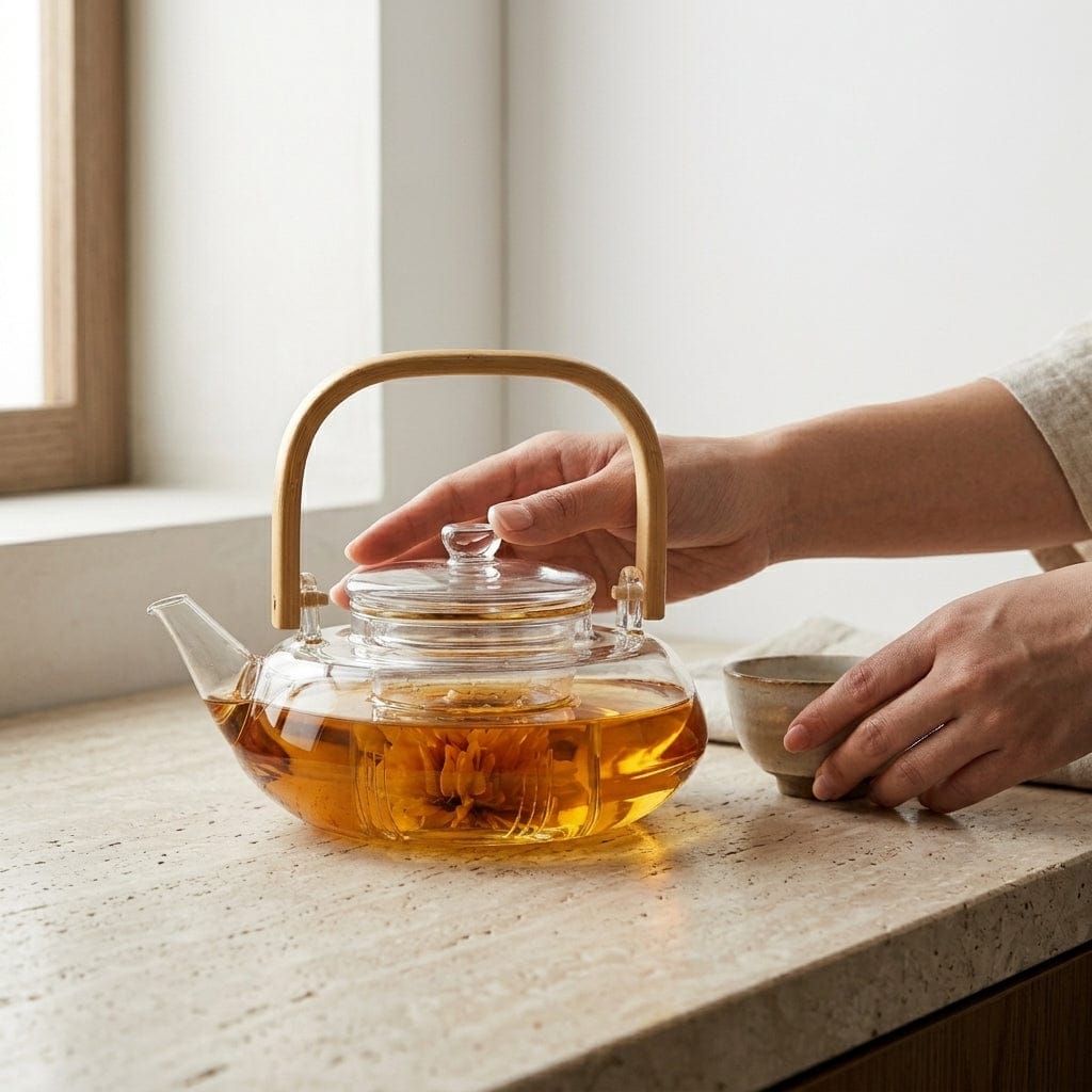 Scandinavian Flat Glass Teapot 800 ml with Wooden Handle