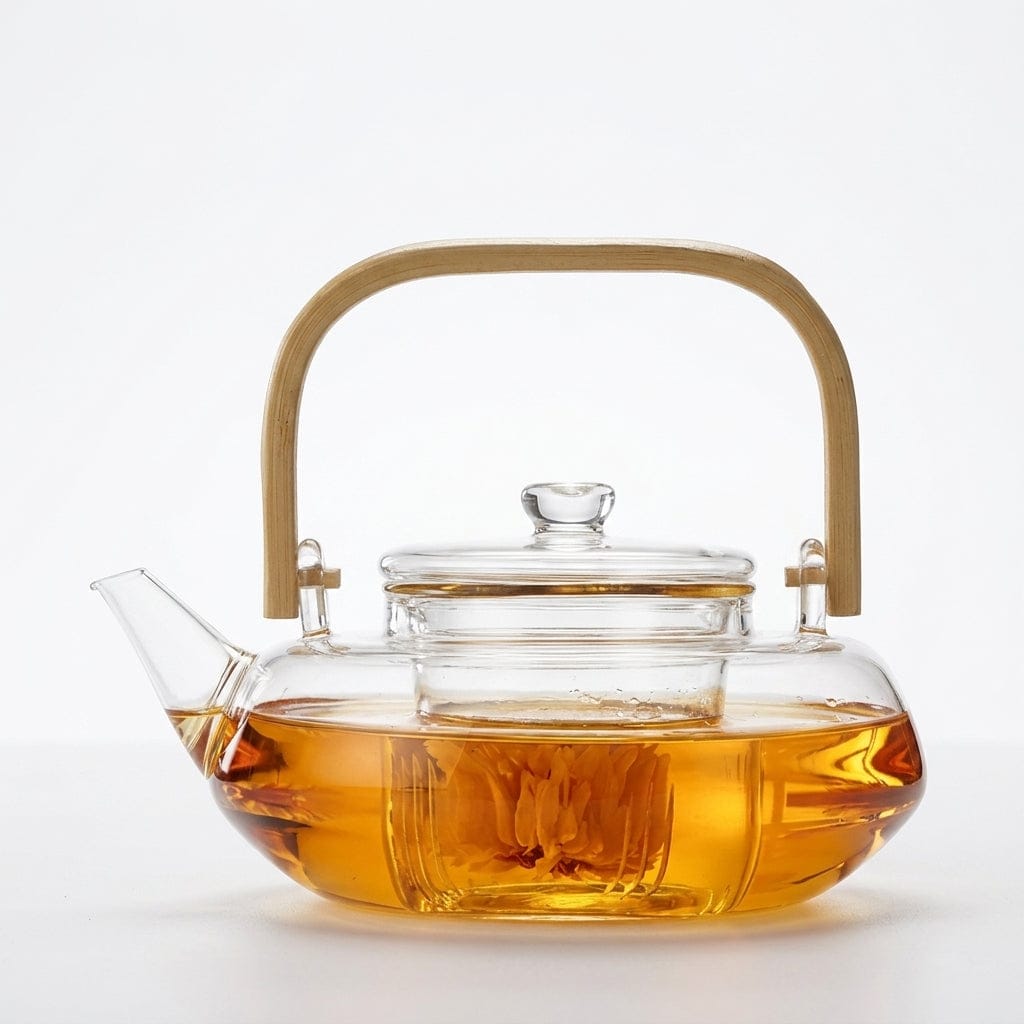Scandinavian Flat Glass Teapot 800 ml with Wooden Handle
