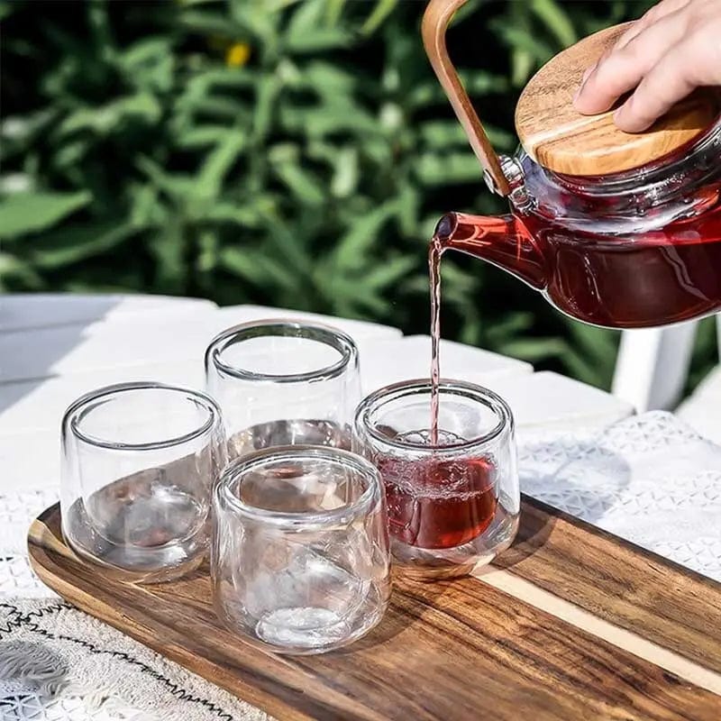 Scandinavian Glass and Acacia Wood Tea Set, 600 ml