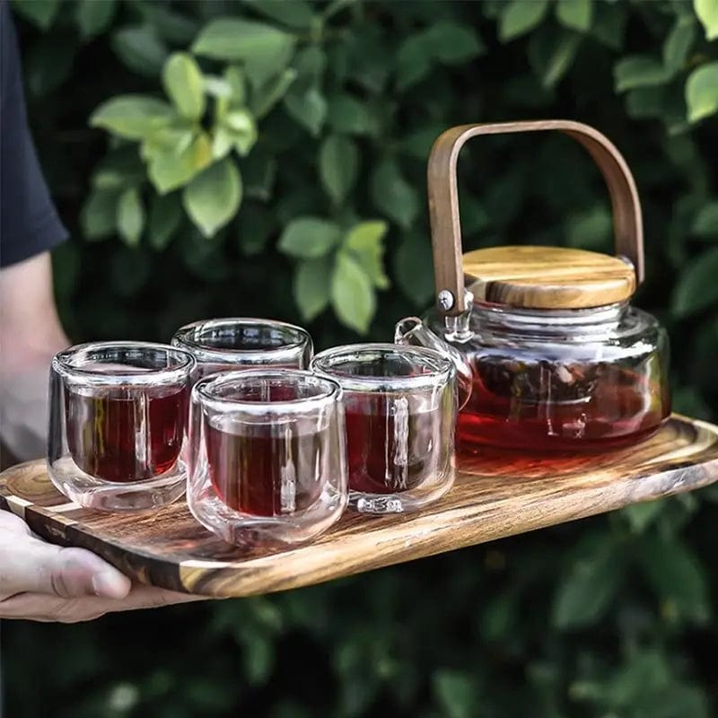 Scandinavian Glass and Acacia Wood Tea Set, 600 ml