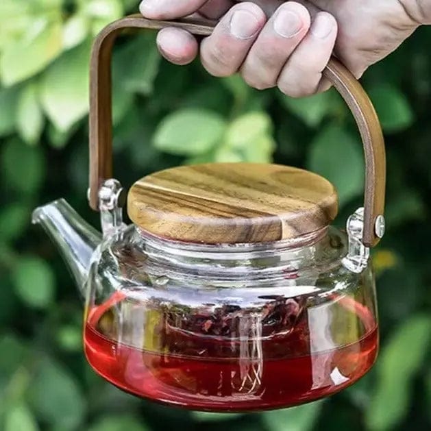 Scandinavian Glass and Acacia Wood Tea Set, 600 ml