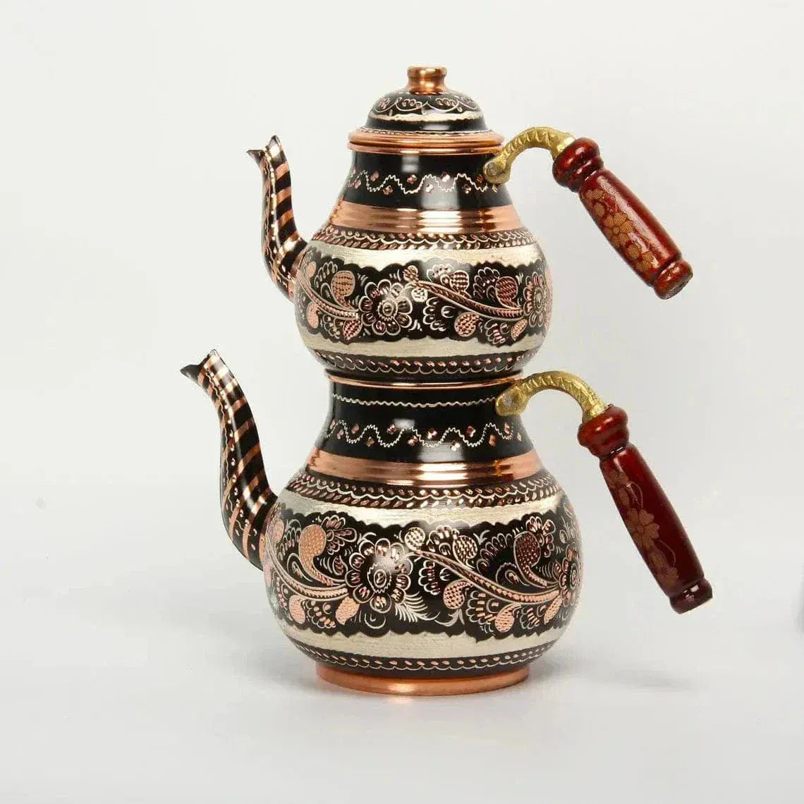 Turkish Copper Teapot with Two Layers and Floral Motifs