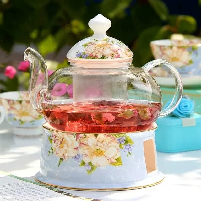 Glass Teapot with Warmer 600 ml and Blue Flowers – Elegant Teapot Set