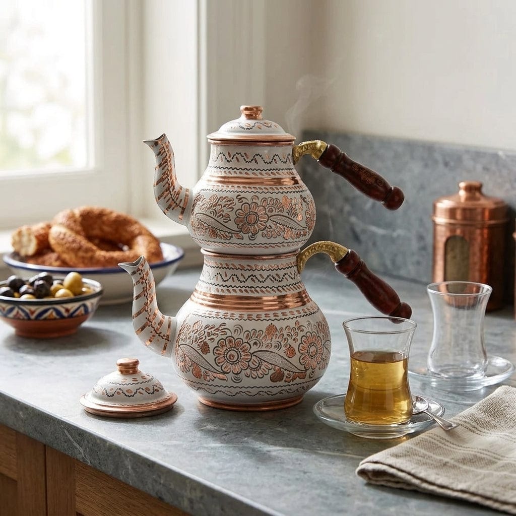 White Turkish Double-Layered Copper Teapot 1.6L + 900 ml
