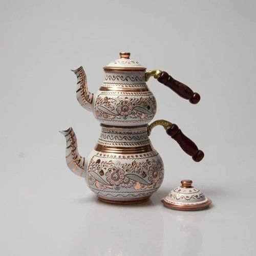 White Turkish Double-Layered Copper Teapot 1.6L + 900 ml