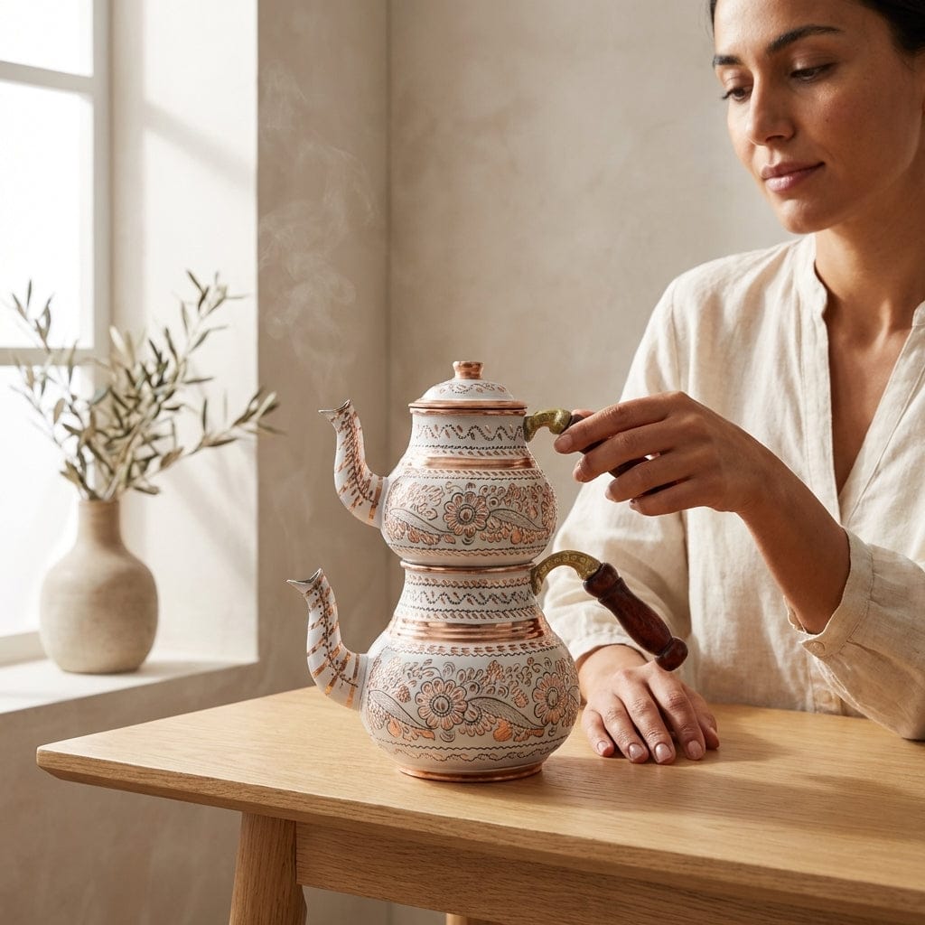 White Turkish Double-Layered Copper Teapot 1.6L + 900 ml